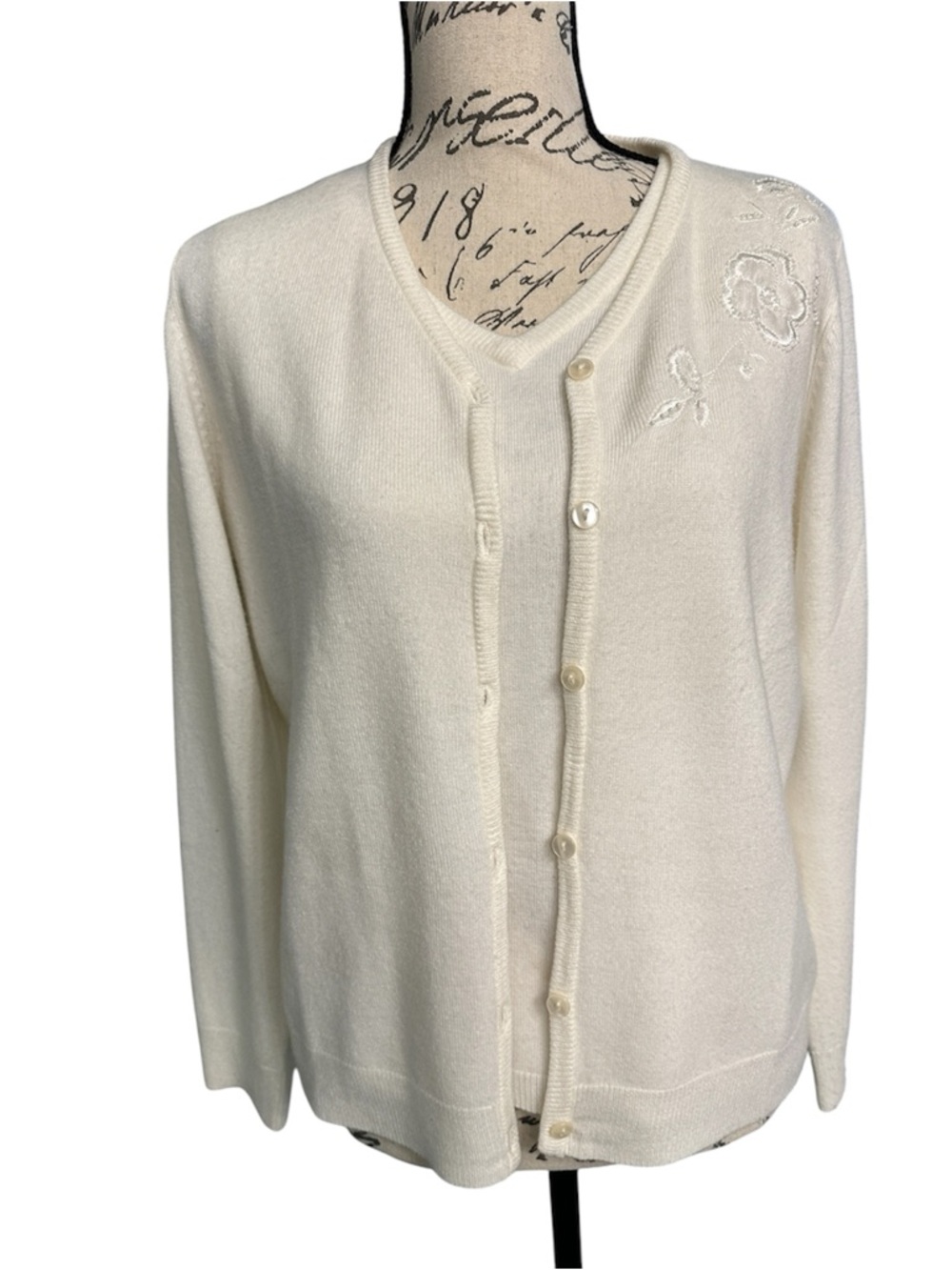 Cream Embroidered V-Neck Button Soft Acrylic Classic Cardigan Sweater Set